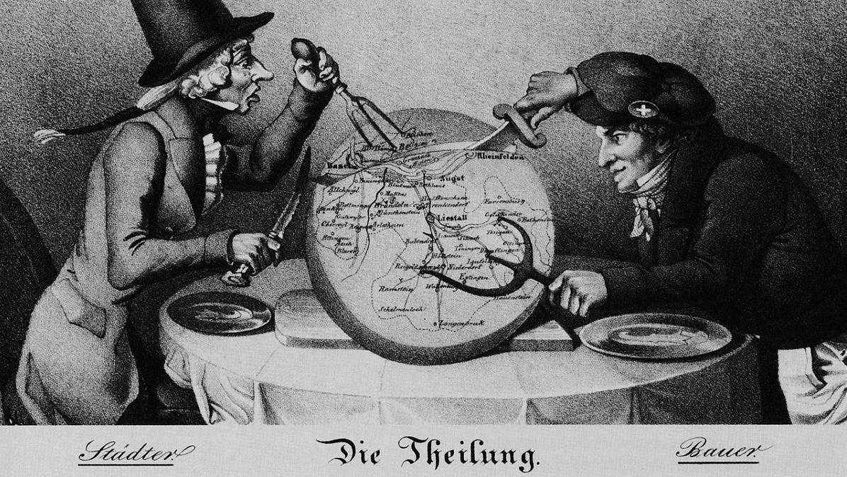 Berühmtes Schwarz-Weiss-Bild von Kelterborn zur Teilung von Basel in Stadt und Land im Jahr 1833.