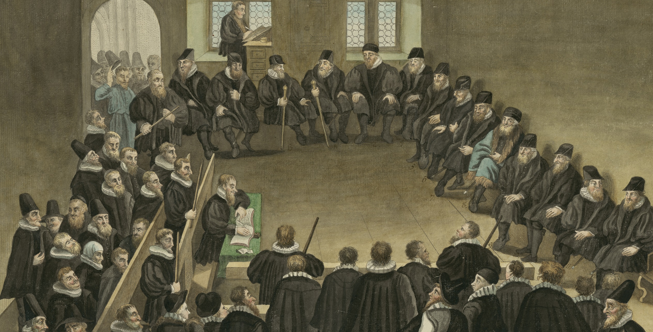 Farbige Zeichnung von Politikern, die in früheren Jahrhunderten Recht sprechen.